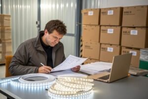 Importer reviewing LED strip light samples and inspection documents in a warehouse before shipment