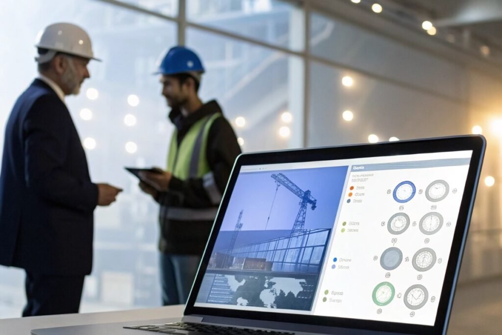 Engineering and project management team reviewing lighting project data and technical specifications on a laptop at a construction site, highlighting planning, system coordination, and risk control in commercial LED lighting projects.