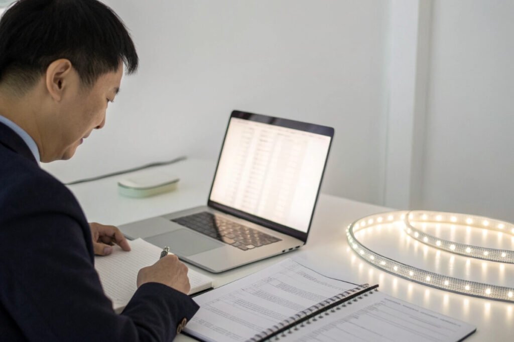 Purchasing manager reviewing LED strip light specifications and order documents on a desk, with illuminated LED strip samples and a laptop displaying technical data, highlighting specification verification and risk control before mass production.