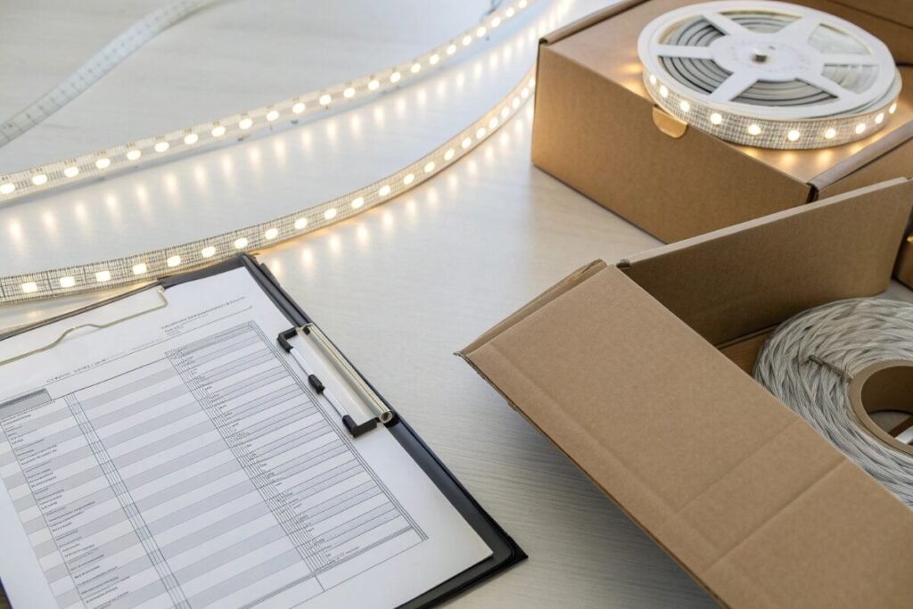 LED strip light samples laid out on a worktable alongside packaging boxes and a specification checklist, illustrating pre-shipment inspection, order verification, and quality control before international export