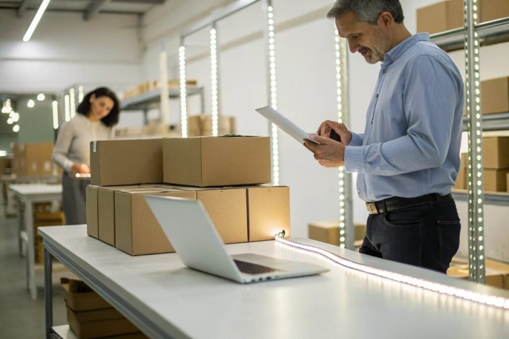 Quality control staff inspecting packaged LED strip light orders in a warehouse, checking quantities and specifications with a tablet before shipment, highlighting pre-shipment inspection and logistics verification